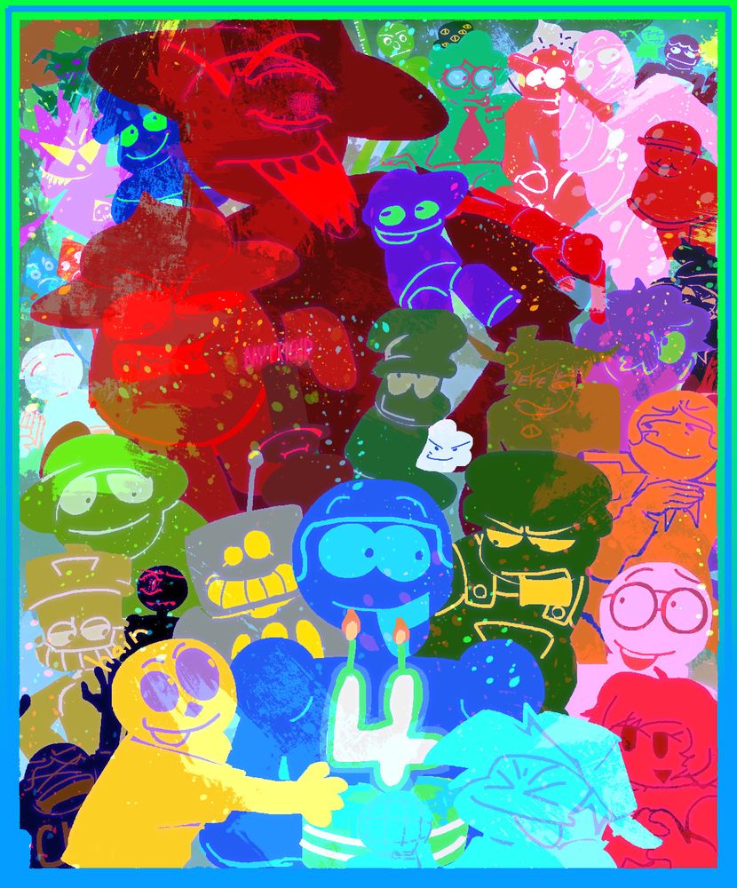 A celebratory anniversary drawing for Vs. Dave and Bambi that has every single character which makes an appearance in the game/is described to be canonical to the game, and has a design or a described design. Each character is rendered in two-tones. The frontmost/largest characters include Dave (who is holding a cake with a giant "4" candle), Bambi, Tristan, Playrobot, Boyfriend, Girlfriend, Muko, and all 4 (including Proto) Expunged forms; in smaller sizes include Moldy, Maldo, Bimpe, the pet cloud/fog, Exbungo's Friend, Muko, David, Matthason, Madden, a Bambi Minion, and Zardy; the smallest characters are Nimbi, Ruby & Diamond Man, Spike, Joke Bambi, Item Planet, Exbungo, Carl, Marvin, Juan, Baldi, Lord Bambi, Fuckbi, Billbert, TB, Alien Hall Monitor, and Memes Kid.