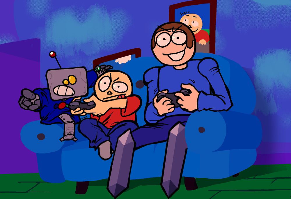 A drawing of Dave, Tristan, and Playrobot from Vs. Dave and Bambi sitting on a blue couch playing games together at evening time. Playrobot is pointing at the screen to help Tristan win.
