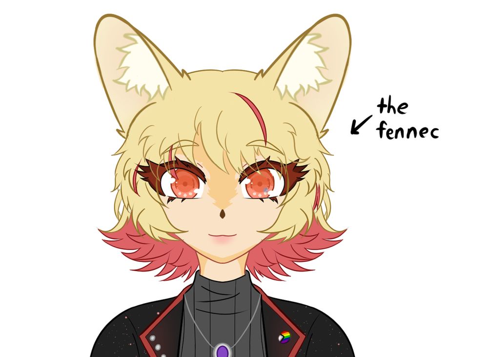 a foxgirl with fennec fox ears. she's wearing a black and red jacket and has blond hair