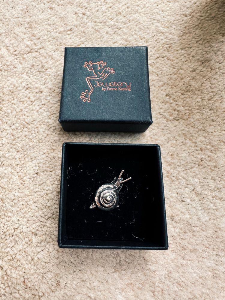 A small jewellery box is opened, and set inside is a silver lapel pin in the shape of a snail.
