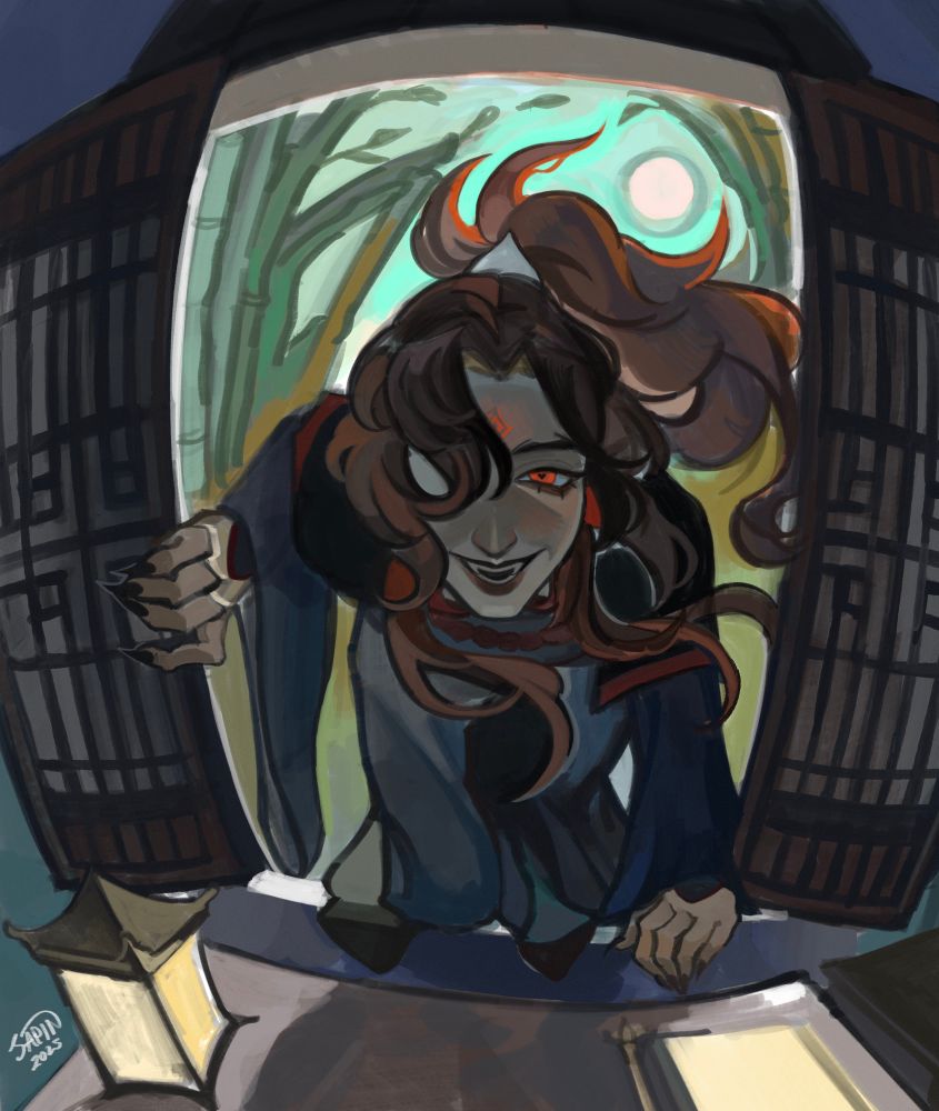 Luo Binghe in a window frame, going through it into the sqq’s room. Crazy smile in place<3