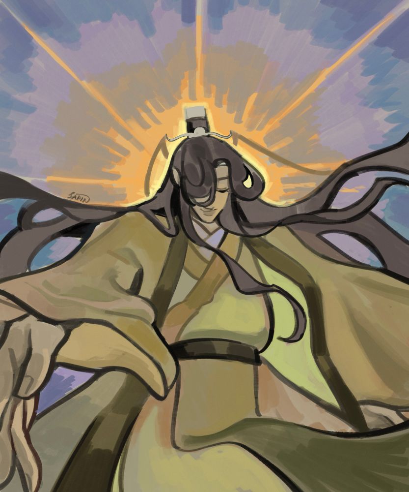 Shen Qingqiu falling backwards, a halo-like light behind his head. 
