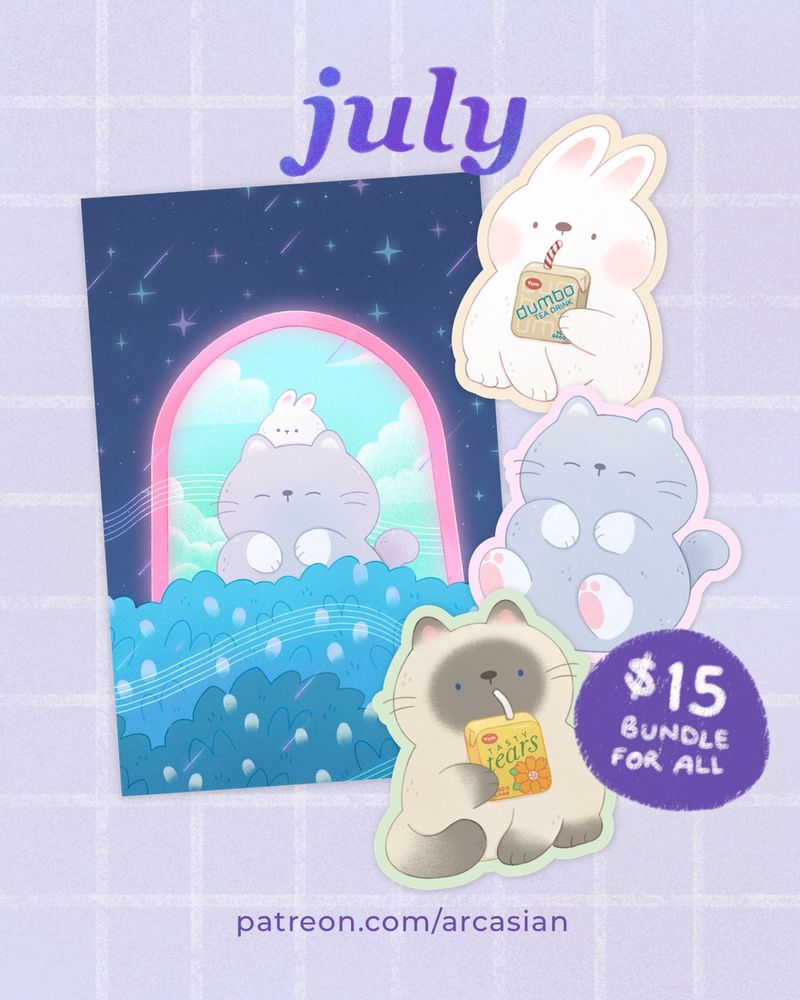 Mockup of a postcard and three vinyl stickers. The artwork on the postcard depicts a grey cat with a white rabbit on its head stepping out of a pink framed portal. The world they were stepping from was sunny with clouds and the world they are walking into is dark and starry. The three vinyl stickers next to the postcard depict: a white rabbit drinking "DUMBO Juice", a cute grey rabbit with its paws up, and a Siamese cat drinking "TASTY tears"