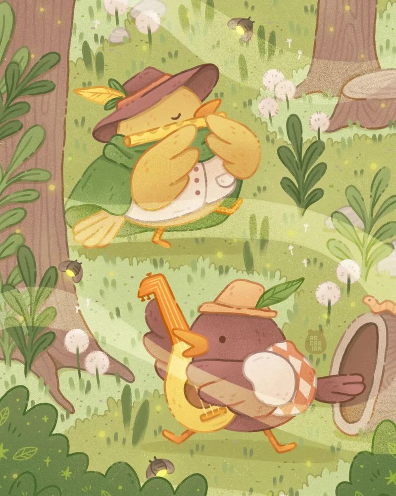 Artwork of a yellow bird and a brown bird playing music in a forest. They are Bard birds. The yellow bird dons a brown hat with a yellow feather in it, a green cape and white shirt whilst playing a yellow flute. The brown bird dons a puffy sleeved shirt with an orange argyle pattern on it. The brown bird is also wearing a beige hat with a green leaf in it whilst playing a yellow and orange lute.