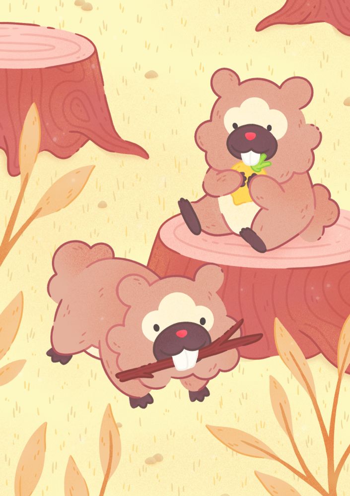 Artwork of the Pokemon Bidoof. There are two of them in the scene, one is sitting on a tree stump holding a berry, and the other is in front of it on all fours with a stick in its mouth.