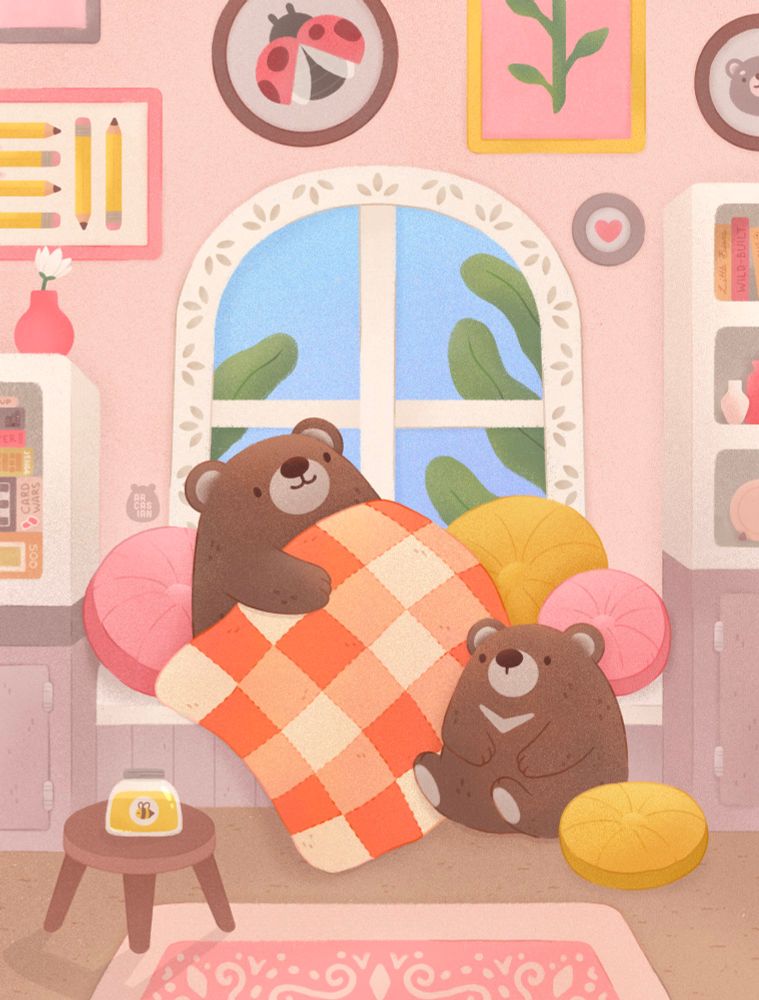 Artwork of two bears sitting by a window. The bigger bear has a checkered orange blanket around it. Next to the bears is a small brown stool with a jar of honey on it. There are pink and yellow round pillows behind the bears. To the left is a shelf full of board games and puzzles and to the right is a shelf showing books, vases and plates. On the walls are various framed paintings of pencils, a lady bug, a heart, a bear's face, and a flower. The setting is peaceful.
