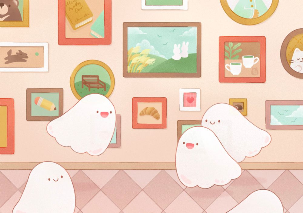 Artwork of cute ghosts meeting up at an art gallery. Behind them is a wall full of framed pieces of artwork with subjects being: bunnies on a hillside, a croissant, a heart, two mugs with matcha tea in them. A bench, some books, a dog fetching a ball, clouds in the sky, a pencil.