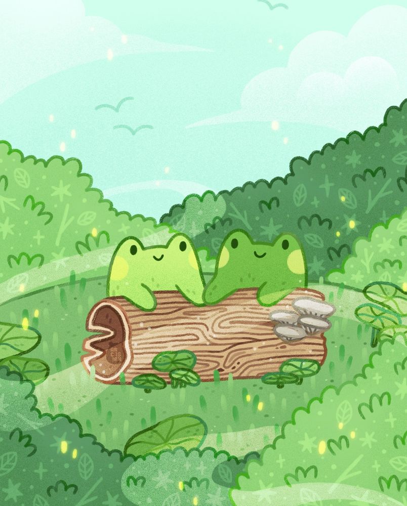 Artwork of two green frogs holding hands at a log. They are surrounded by green bushes and above them is a blue cloudy sky with bid silhouettes flying in the distance.