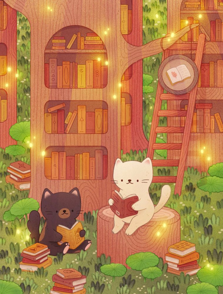 Artwork of two cats sitting in a forest where the trees have shelves carved out of them to fit books like a library. The black cat is sitting to the left with a yellow book in its paws. The white cat is sitting to the right of the black cat on a tree stump reading a brown book. In the background you can see a wooden ladder leaning up against one of the trees, and attached to a branch is a little wooden sign with an open book on it. Scattered on the forest floor are piles of books. Fireflies also light the scene.