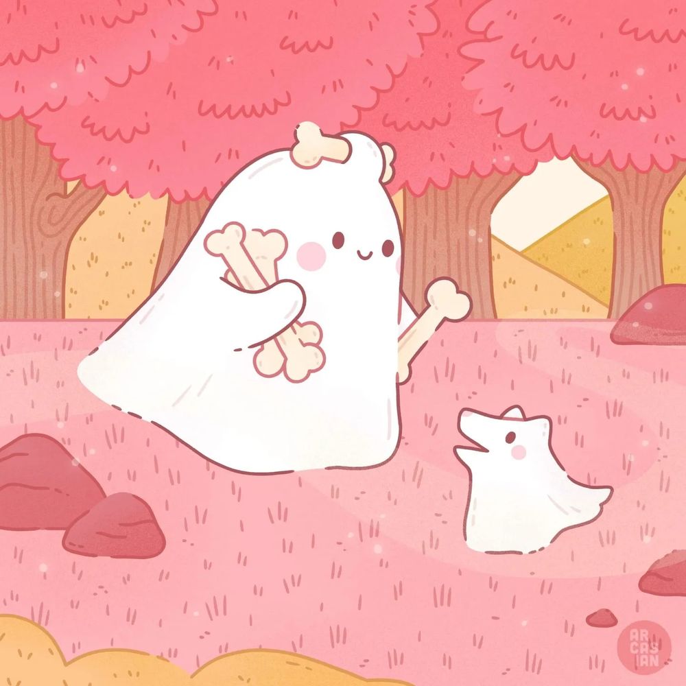 Artwork of a ghost and a little ghost dog. The ghost has a bone wrapped on its head and is holding additional bones in its hands to give to the ghost dog. In the background are pink trees and yellow hills.