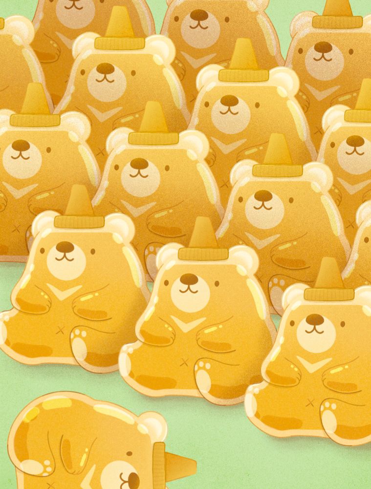 Artwork of many jars of honey sitting on a green shelf. The jars of honey are in the shape of a chubby bear and in the foreground, one of them is tipped over.