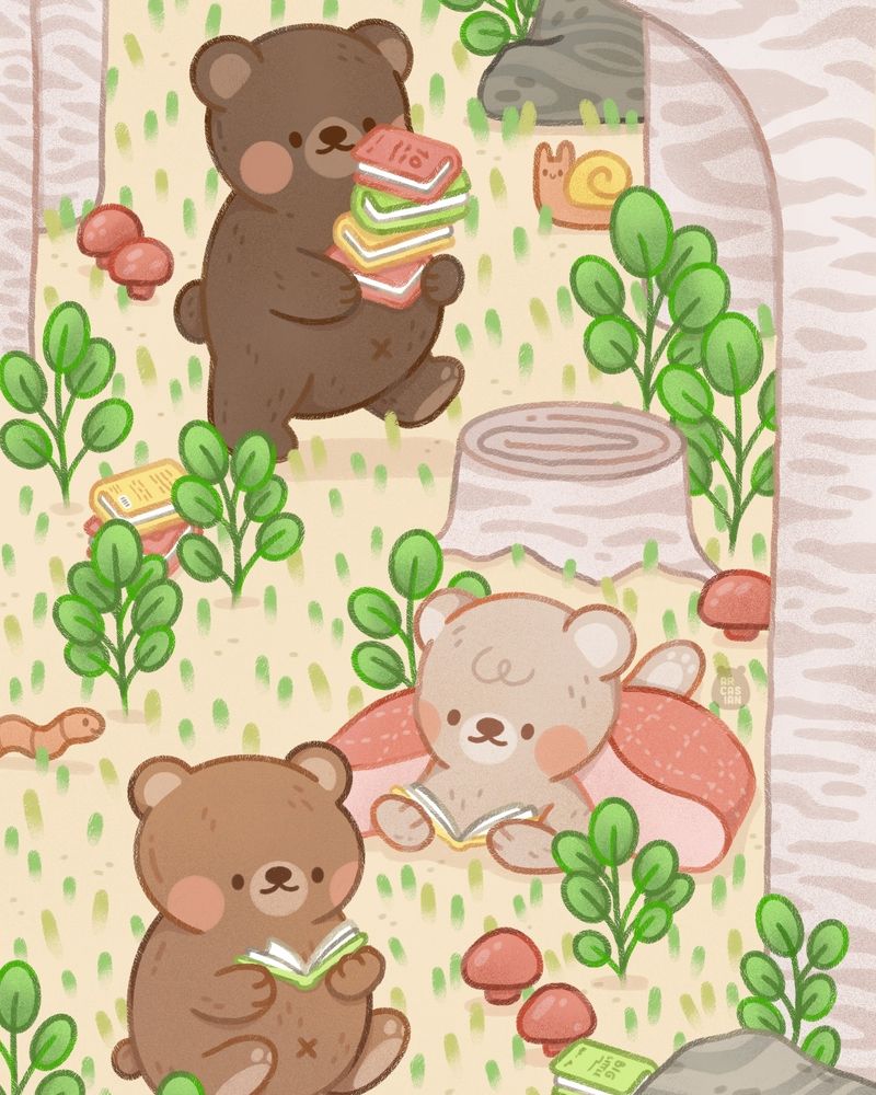 Artwork of three bears in a forest. The one in the foreground is a light brown bear reading a green covered book. Behind this bear is a beige coloured bear lying down with a pink blanket draped over it reading a yellow covered book. In the background, a dark brown bear is walking with its paws full of a stack of red, green, and yellow covered books. Around the bears are birch trees, little worms, mushrooms, and snails.