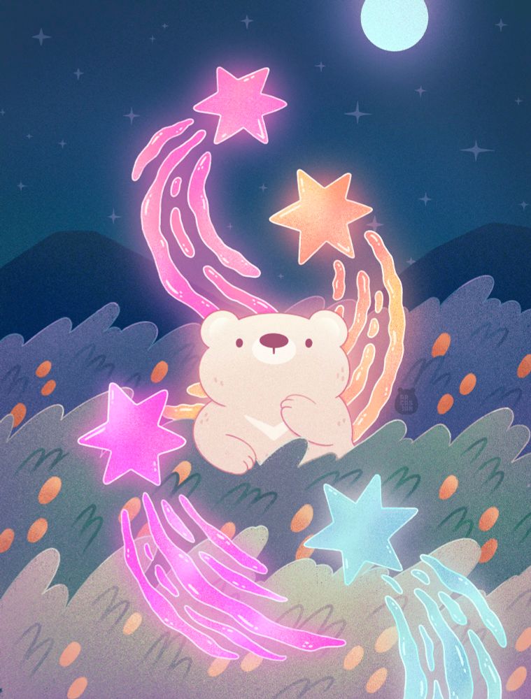 Artwork of a small pale coloured bear amidst a tall field of grass during the night. The scene is illuminated by both the moonlight as well as colourful stars rising from the grass. There are both a bright blue and a bright purple star rising in the foreground and both a yellow star and a pink star rising in the background. All the stars are followed by streams of light that trail behind them as they float upwards. The bear has a paw reaching towards its mouth as it watches the stars in wonder.