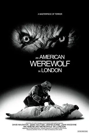 A particularly interesting cover art/poster for AN AMERICAN WEREWOLF IN LONDON featuring a close-up of the werewolf's eyes, film title above, the undead nazi stabbing Nurse Price (Jenny Agutter.) Oddly, all in BW
