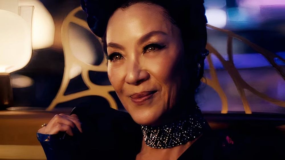 Michelle Yeoh with indigo wig and gold contacts. Smiling with glee as Philippa Georgiou from the Mirror Universe.
