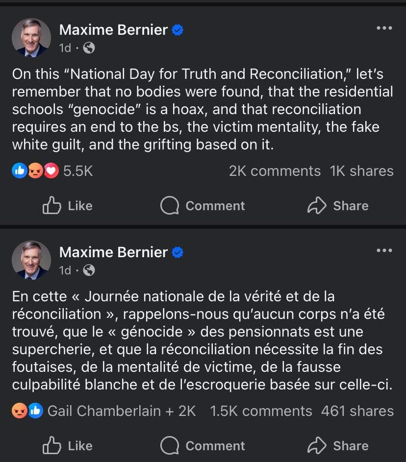 In French and English, Maxime Bernier denies genocide, residential school trauma. It is a post of lies and he is a repugnant human being.