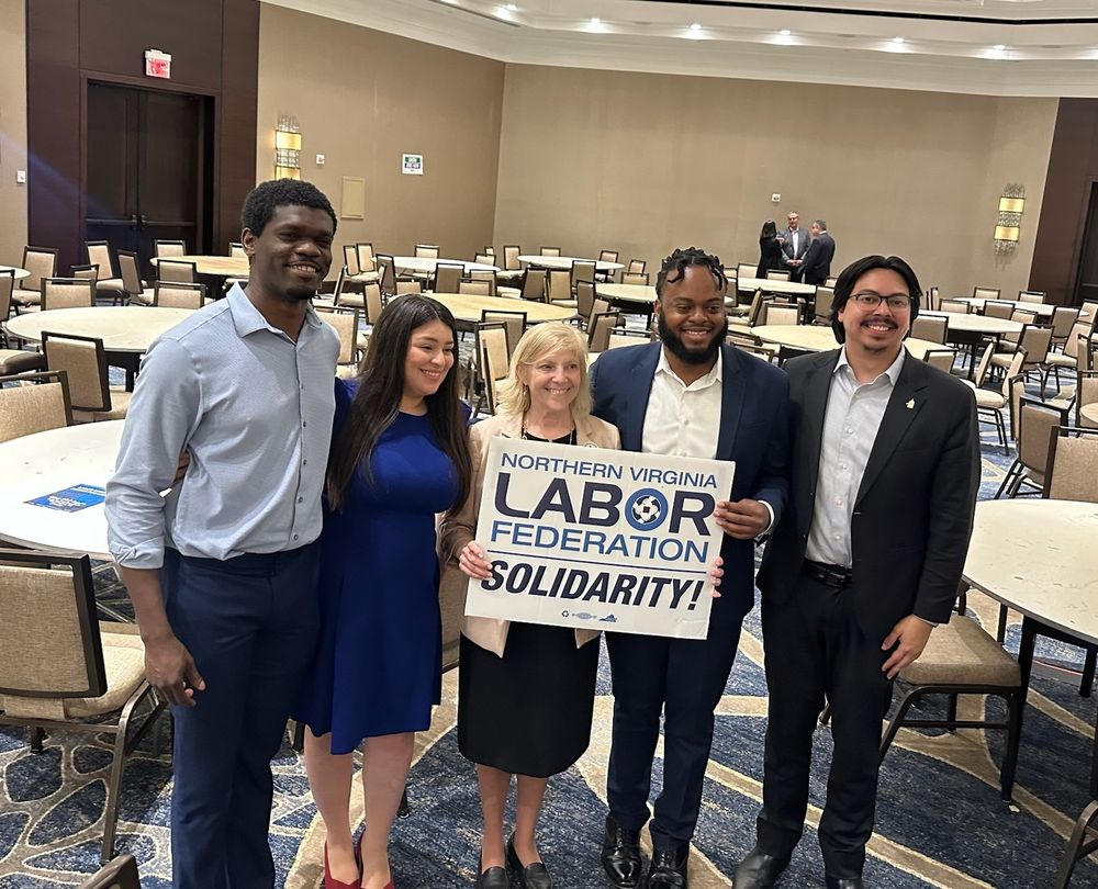 Prince William Young Democrats standing with Ginny Diamond, the NOVA Labor President. 