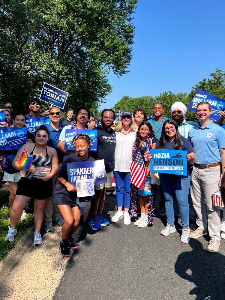 The Prince William Young Democrats taking a photo with Abigail Spanberger who is running for Governor of Virginia and Jay Jones who is running for Attorney General of Virginia.