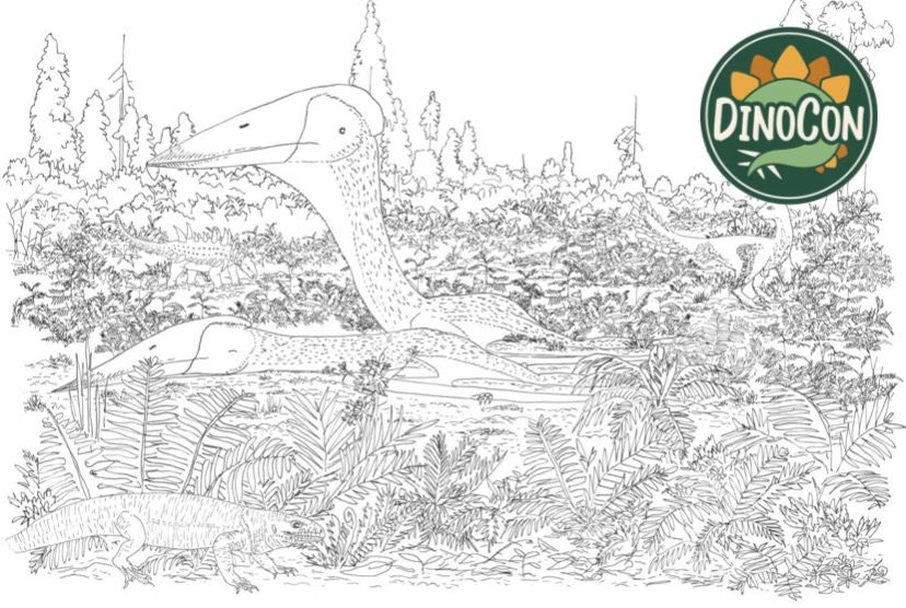 Lush Cretaceous scene drawn as a colouring sheet and available at DinoCon 