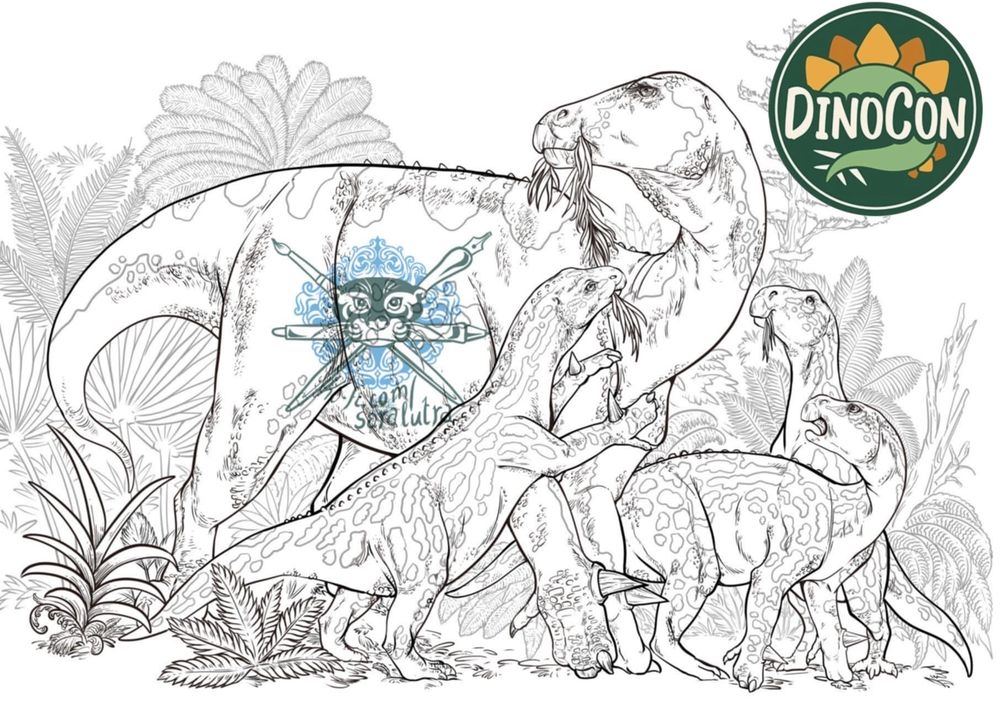 Lush Cretaceous scene drawn as a colouring sheet and available at DinoCon 