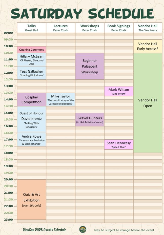 The Saturday schedule for DinoCon 