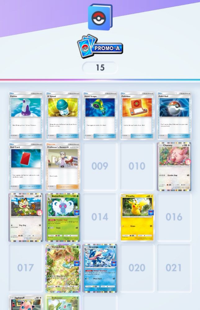 Screen shot showing I have 15 Promo A cards in the Pokemon pocket trading card game app 