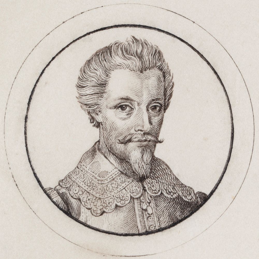 Painting of Abel Tasman. White guy with moustache and beard in 17th century clothing includig a lace neck collar