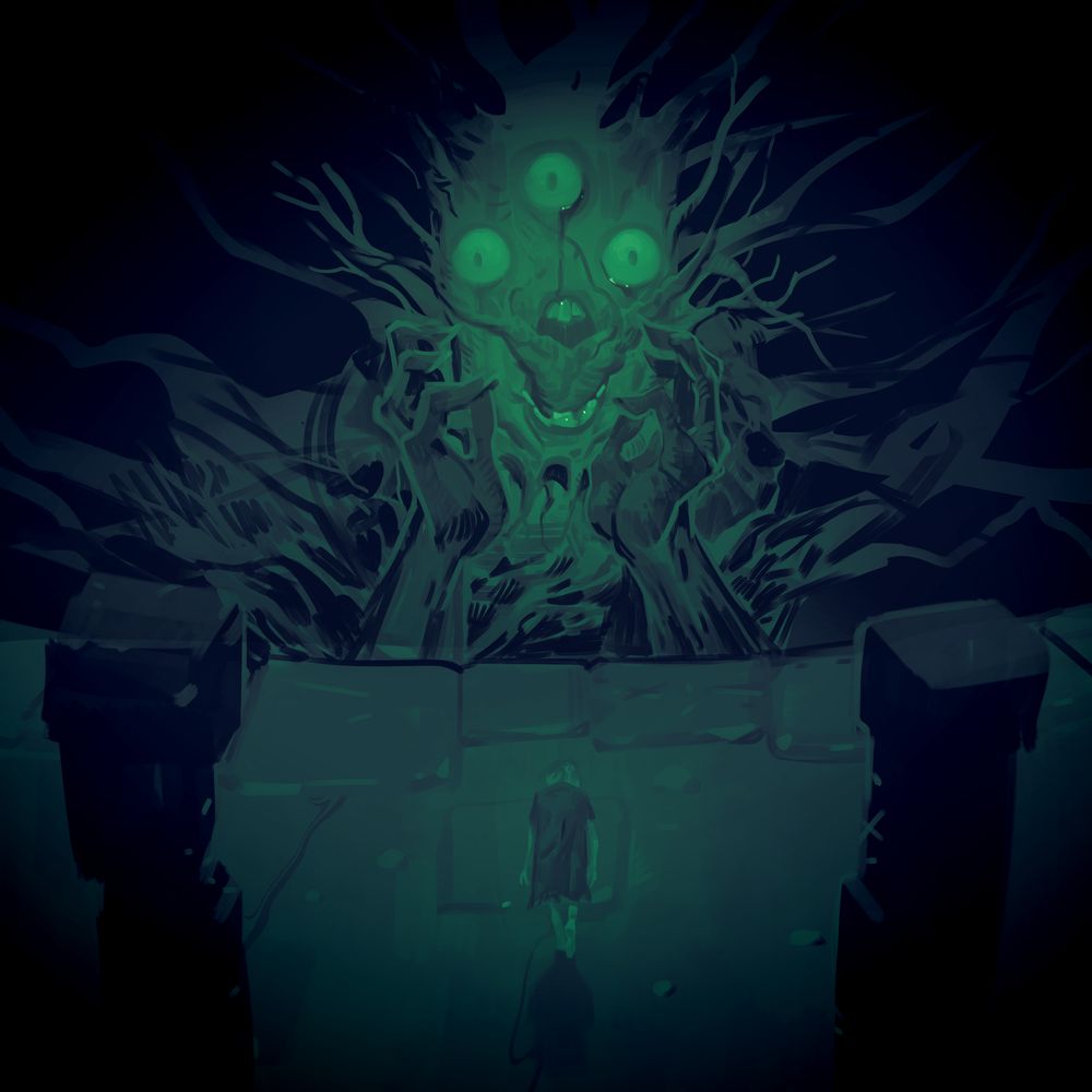 A malevolent god-like creature with three eyes and roots growing out of its head. It looks like it's smiling in excitement.