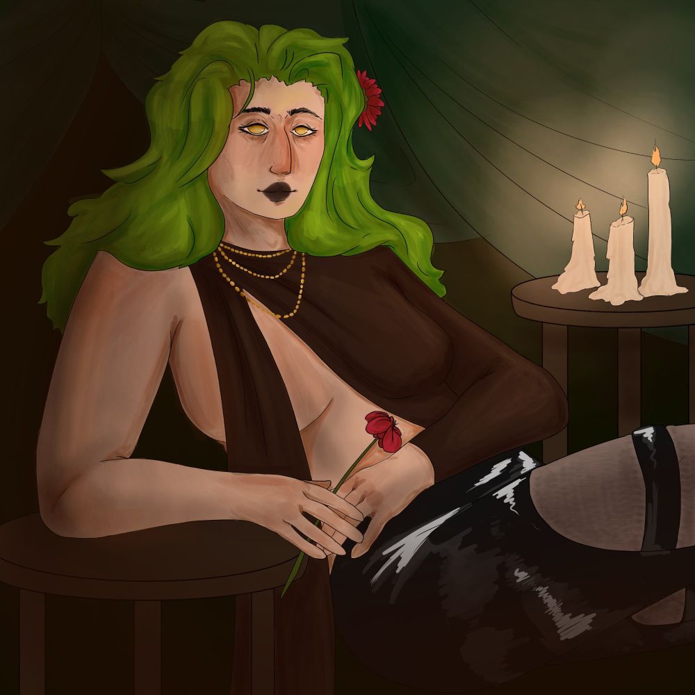 A digital painting of a woman lounging in a chair lit by candles