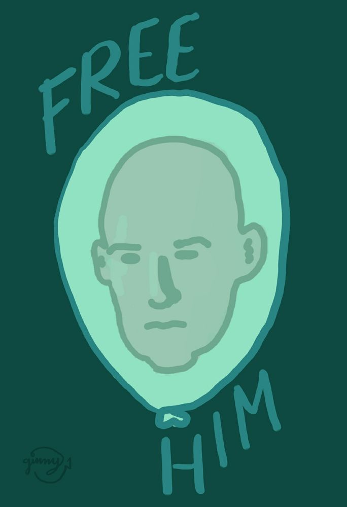 a digital drawing of Jarrod's head floating in a balloon surrounded by the words "FREE HIM"