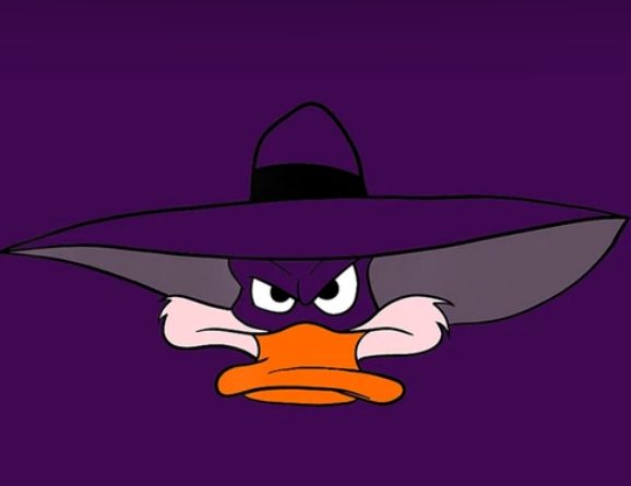 picture of Disney cartoon character Darkwing Duck with a large purple hat similar to the at worn by First Lady Melania Trump 