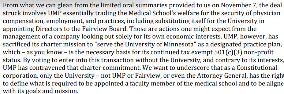 screenshot of text of letter from the U of M Regents to Attorney General Keith Ellison; summary the University of Minnesota Physicians group is putting its own financial interests ahead of the University of Minnesota in violation of its 501 (c)(3) status and charter of serving the interests of the University of Minnesota
