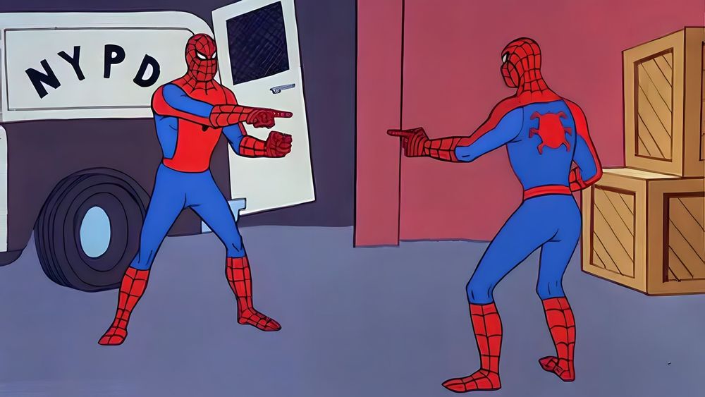 meme image of spiderman pointing at another spiderman