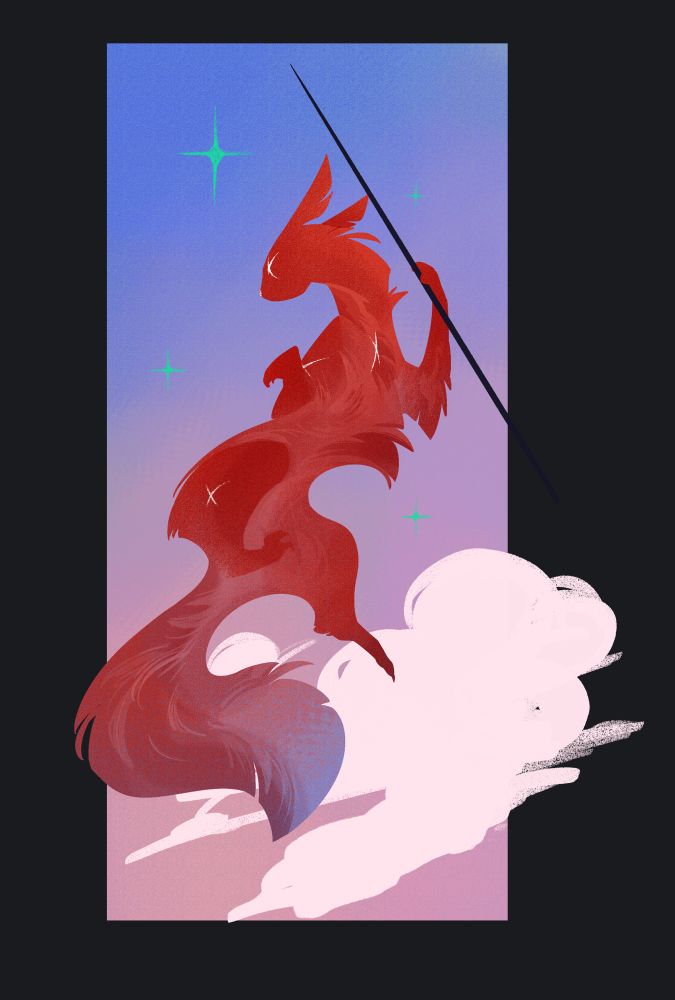 A red slugcat jumps in the air with a spear in the hand. It’s evening, and green stars are visible.

