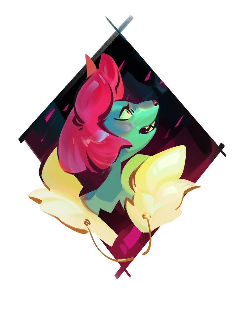 green wolf with pink bob hair is scared of something 