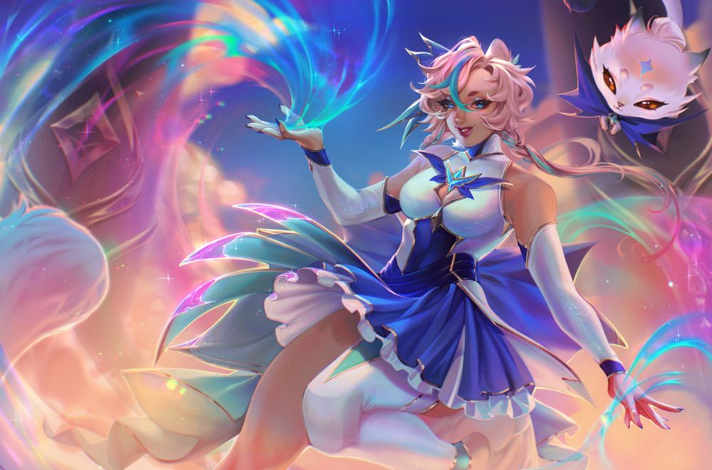 Tris is floating in the air in the flow of the magic after transformation into Star Guardian with her Star-pet Nari.

Tried to do splash-art with my OC.