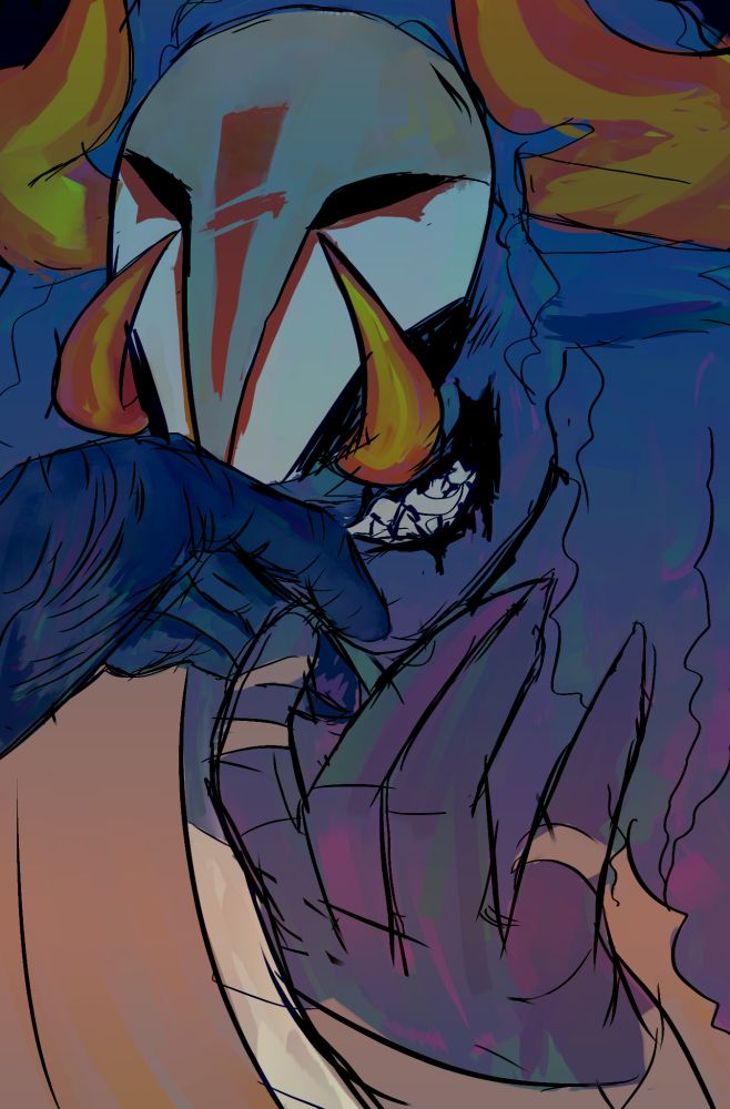 A digital drawing of Katana and Hyperlaser from Phighting (Roblox). Katana has his mask lifted up to reveal his mouth, also revealing the large gash on the side of his face. He kisses Hyperlaser's hand, which is ungloved, revealing burn scars. The drawing has mostly blue, yellow, and red hues.