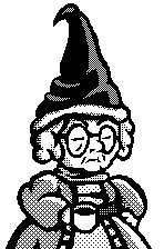 One bit portrait of a cranky gnome with a cup of tea. 