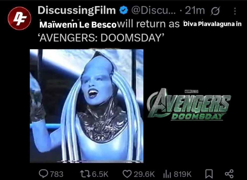 This images shows the diva plavalguan from the fifth element. Text reads - Maiween Le Besco will return as diva plavalaguna in avengers doomsday