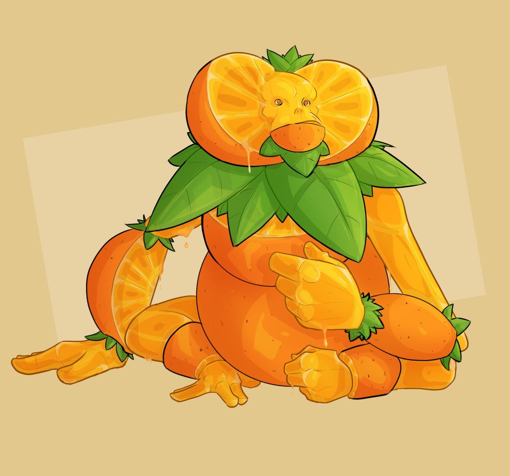 An illustration of an Orangutan made of Oranges, he has a vague surprised looking expression