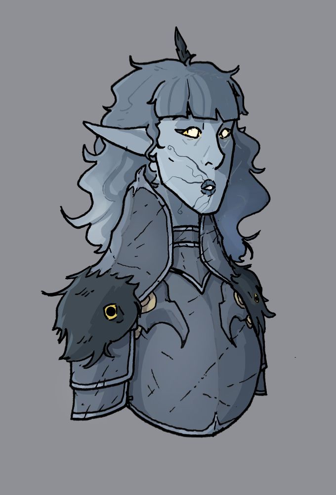 Bust of a pale, elf-like individual. She is wearing armour fashioned to look like different birds and has wavy hair that fades to white