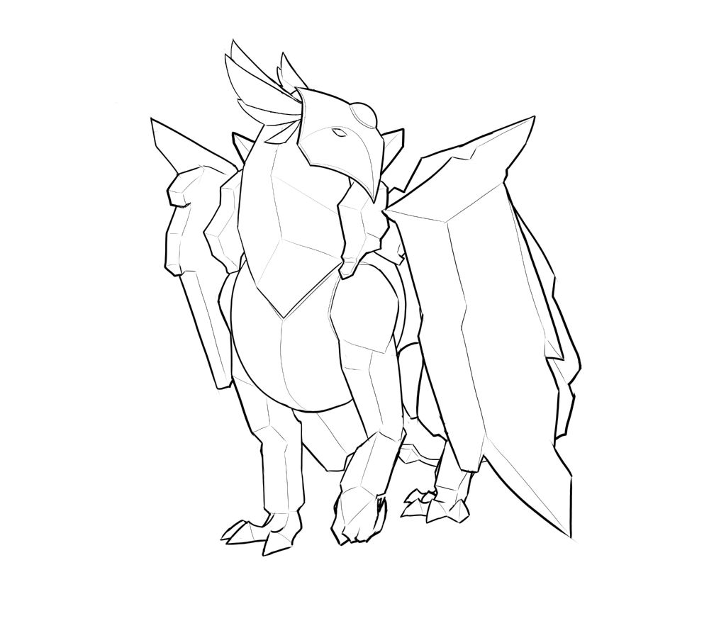 Line art of a Griffin made of gemstone looking to the right with its wings furled.