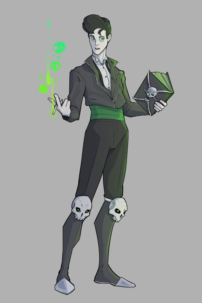 Illustration of a pale Victorian greaser. Skulls made of smoke rise from his cigarette and he has a spellbook and kneepads with skulls on them. 