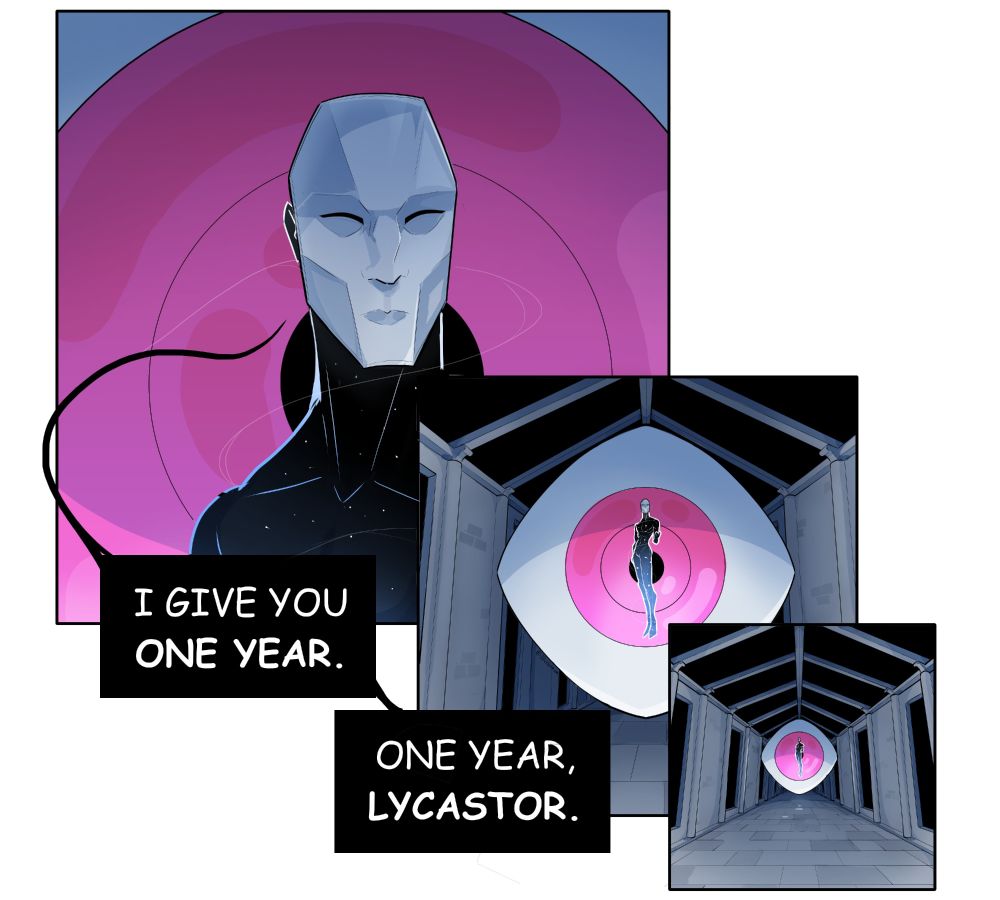 Digitally drawn comic of a man made of stars wearing a silver mask and floating in front of a giant eye in a cathedral. He is saying "I give you one year. One year Lycastor."