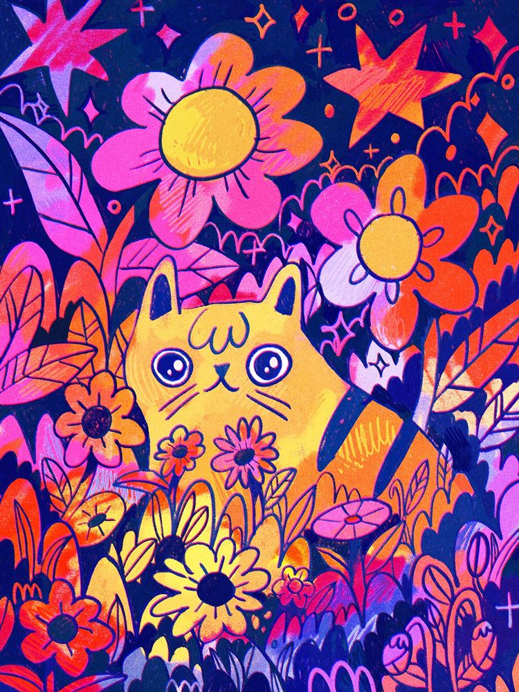 A digital drawing featuring a very colourful scene of an orange cat sitting among lots of flowers in a sparkly, nighttime scene.