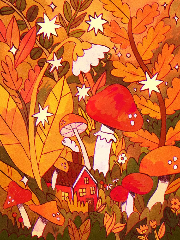 A digital drawing of a closeup close to the ground, where you can see a tiny little cottage among lots of mushrooms and flowers that are much larger than it. The colours are VERY warm and autumnal, lots of orange and red.