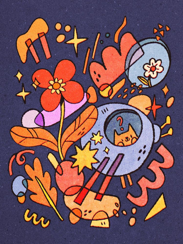 A digital drawing of some abstract shapes and flowers against a dark blue background. Among them is a kind of round space ship with a cat inside it.