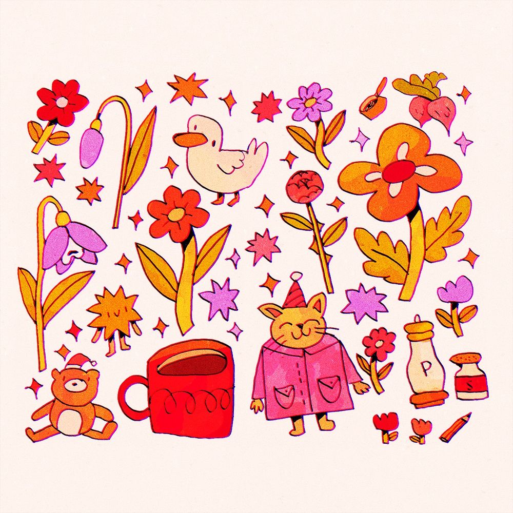 A drawing featuring lots of little cute items scattered around the page: flowers, a duck, a coffee cup, a teddy bear, a cat in a coat, salt and pepper, a small pencil.