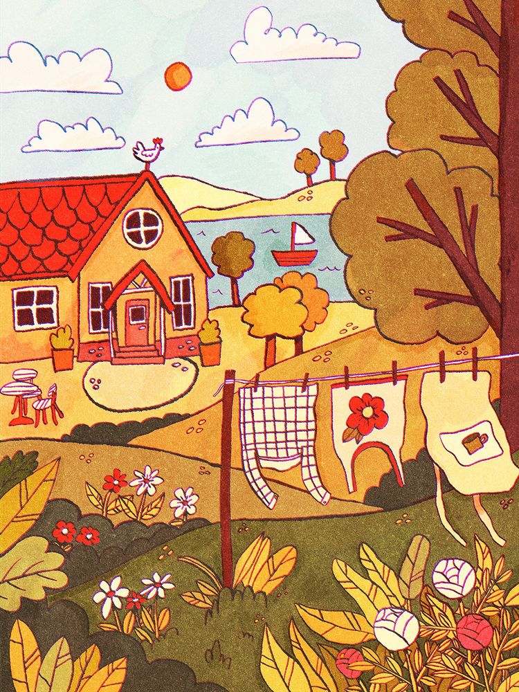 A digital drawing of a summer landscape by the sea, with a yellow house, a clothesline, flowers, a tree, and a boat in the distance.