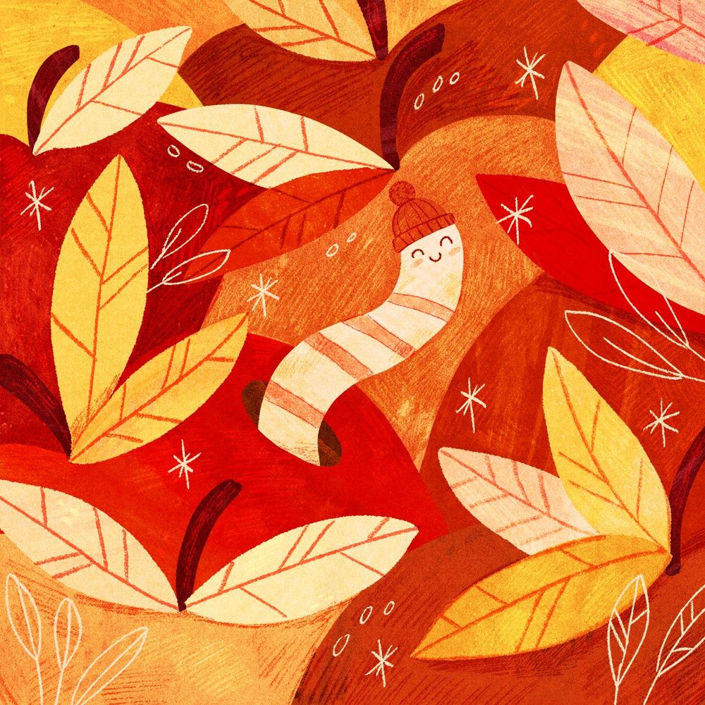 A digital drawing of a bunch of apples and a happy worm peeking out of a hole in one of them. The worm is wearing a red beanie, and the drawing has lots of texture, and warm red, orange and yellow tones. 